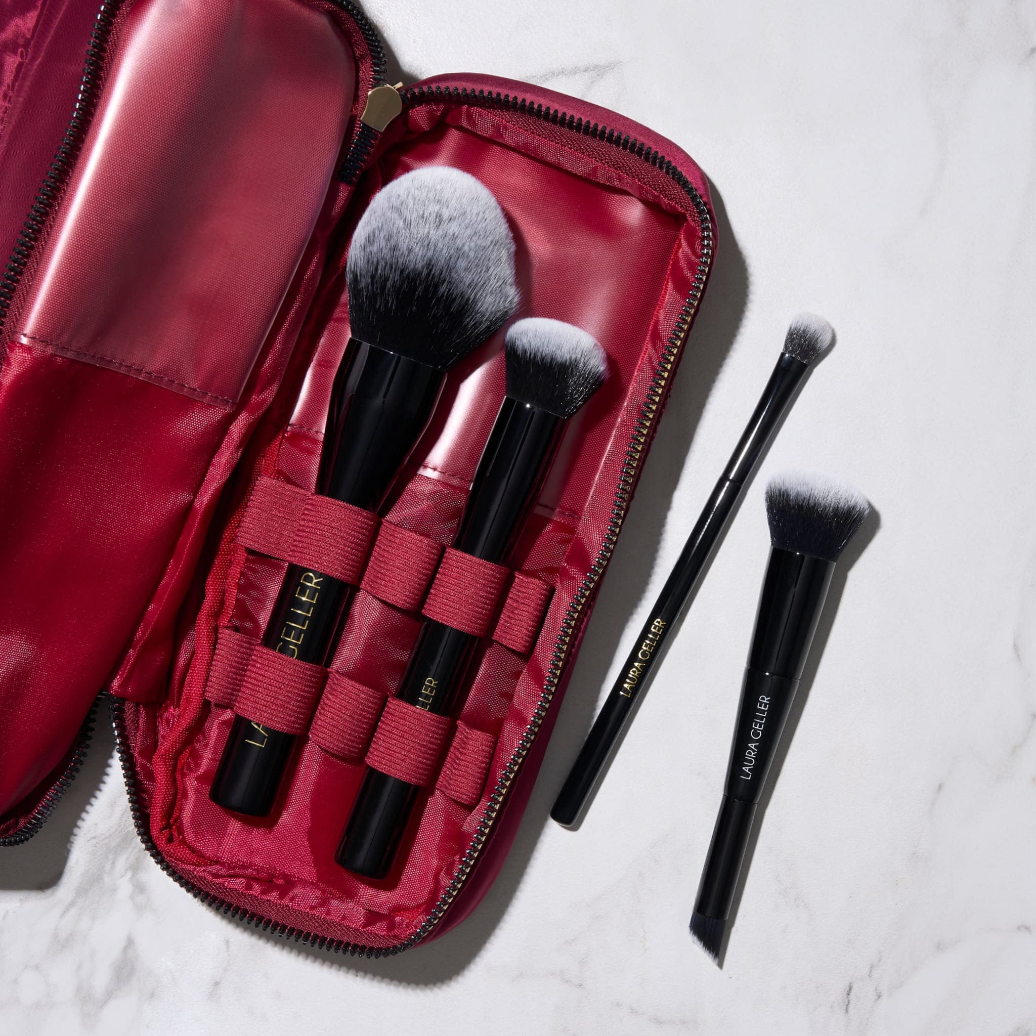 Quilted Makeup Bag with Brush Case, Burgundy - Image 4